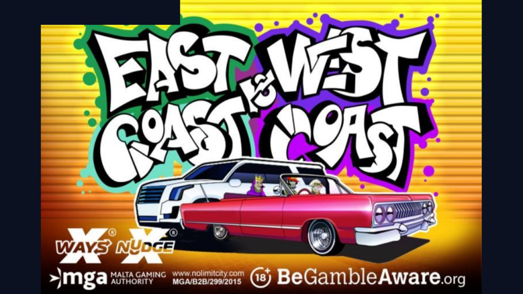 East Coast vs West Coast: Nolimit City — RTP 94% (agregator, multi-konfigurasi, di bawah rata-rata), hingga 84.375 ways, tema hip-hop 90-an — Cek Fakta SpinFakta